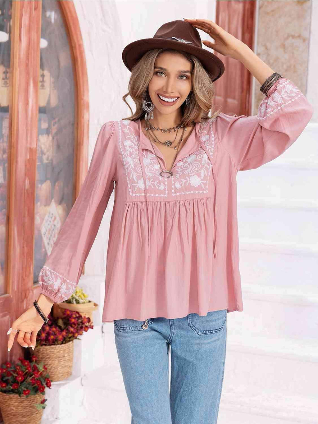 Hayden Floral Tie Neck Balloon Sleeve Blouse - SwagglyLife Home & Fashion