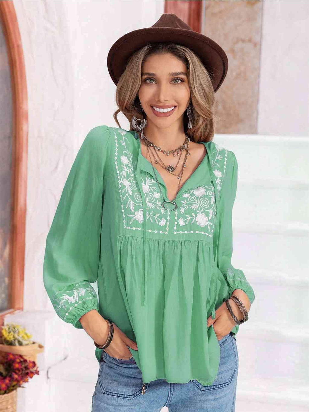 Hayden Floral Tie Neck Balloon Sleeve Blouse - SwagglyLife Home & Fashion