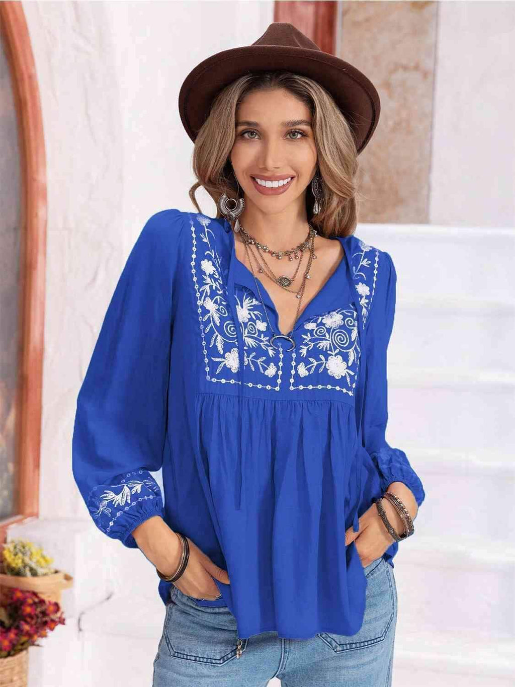 Hayden Floral Tie Neck Balloon Sleeve Blouse - SwagglyLife Home & Fashion