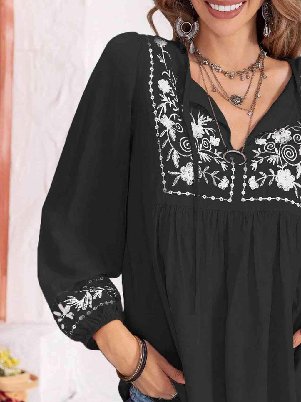 Hayden Floral Tie Neck Balloon Sleeve Blouse - SwagglyLife Home & Fashion