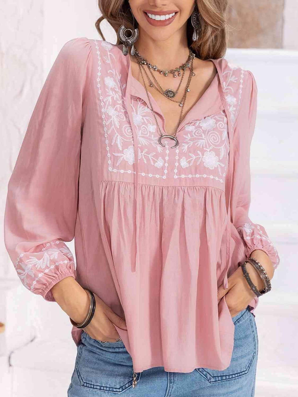 Hayden Floral Tie Neck Balloon Sleeve Blouse - SwagglyLife Home & Fashion
