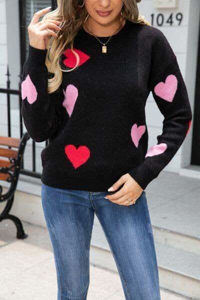 Heart Round Neck Droppped Shoulder Sweater - SwagglyLife Home & Fashion