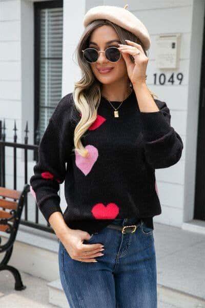 Heart Round Neck Droppped Shoulder Sweater - SwagglyLife Home & Fashion