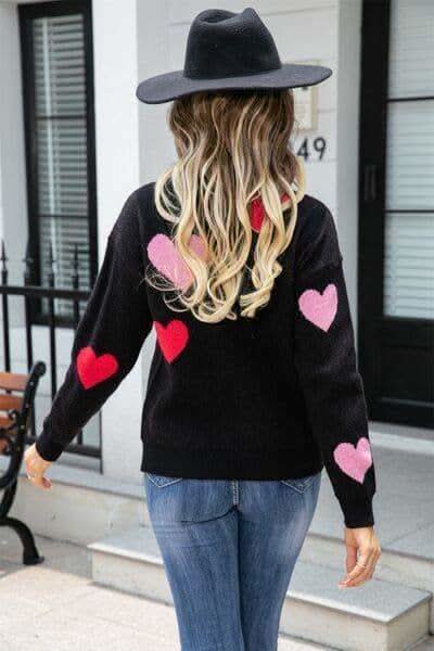 Heart Round Neck Droppped Shoulder Sweater - SwagglyLife Home & Fashion