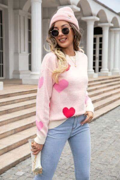 Heart Round Neck Droppped Shoulder Sweater - SwagglyLife Home & Fashion