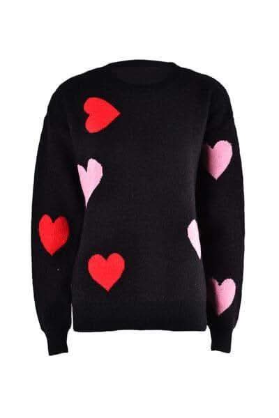 Heart Round Neck Droppped Shoulder Sweater - SwagglyLife Home & Fashion