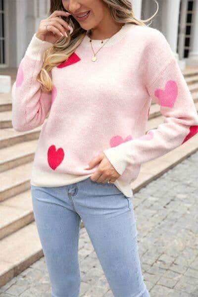 Heart Round Neck Droppped Shoulder Sweater - SwagglyLife Home & Fashion