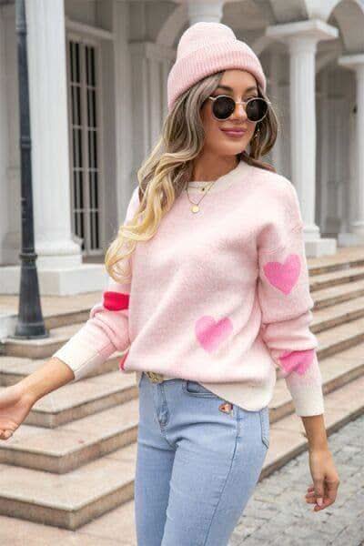 Heart Round Neck Droppped Shoulder Sweater - SwagglyLife Home & Fashion
