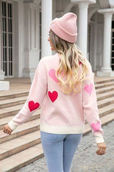 Heart Round Neck Droppped Shoulder Sweater - SwagglyLife Home & Fashion