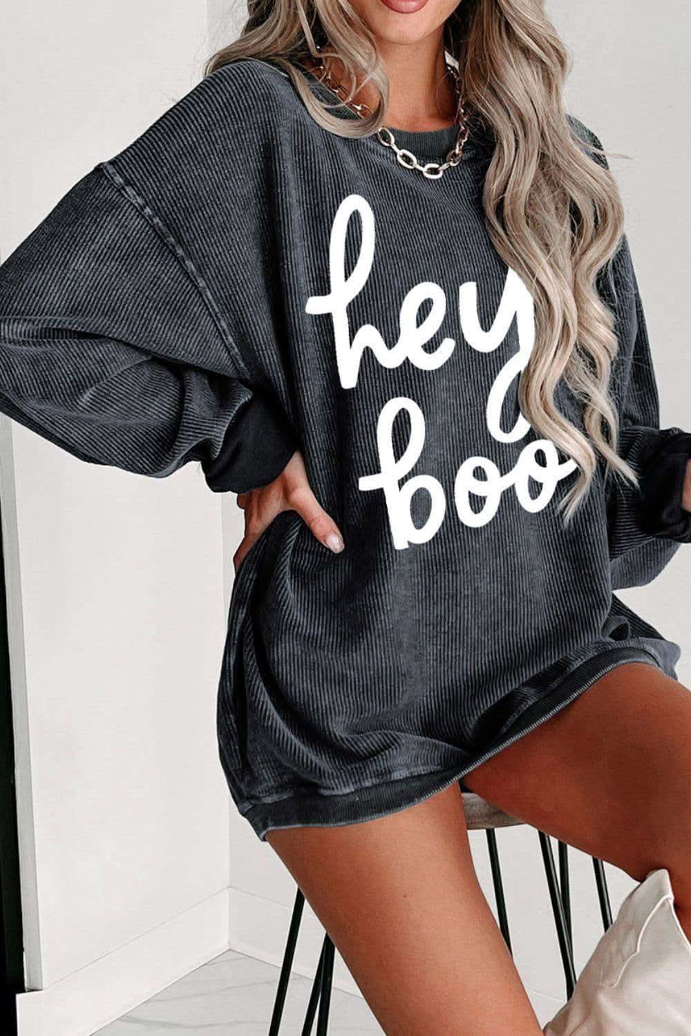 Hey Boo Round Neck Letter Graphic Sweatshirt - SwagglyLife Home & Fashion