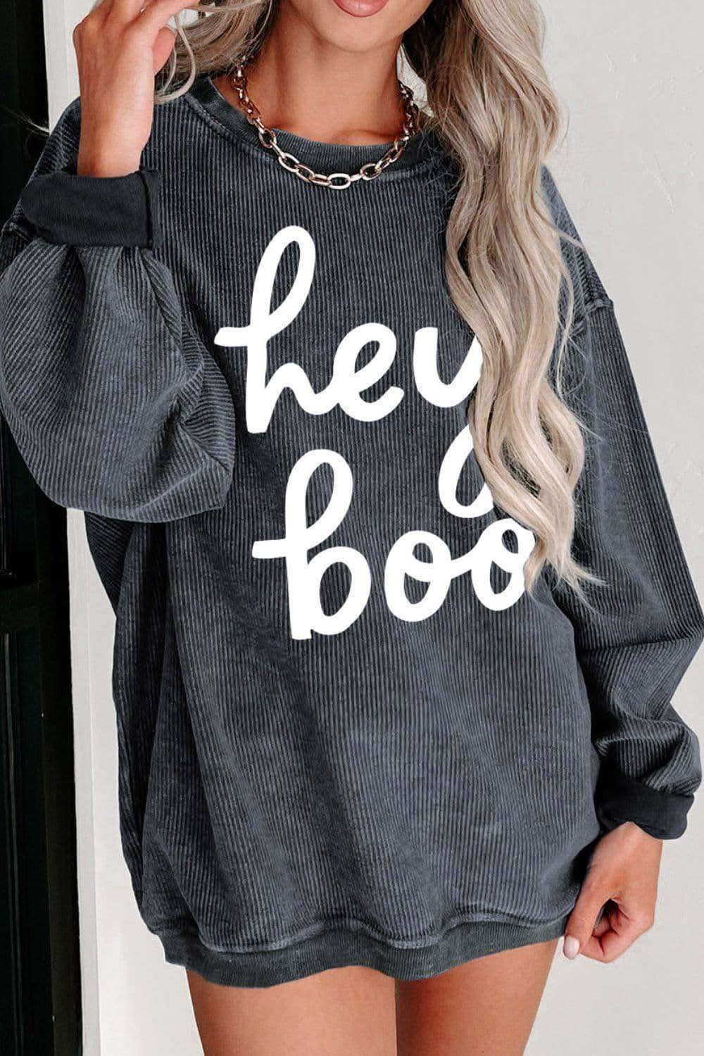 Hey Boo Round Neck Letter Graphic Sweatshirt - SwagglyLife Home & Fashion