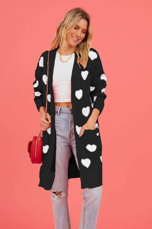 Josie Heart Graphic Open Front Cardigan with Pockets - SwagglyLife Home & Fashion