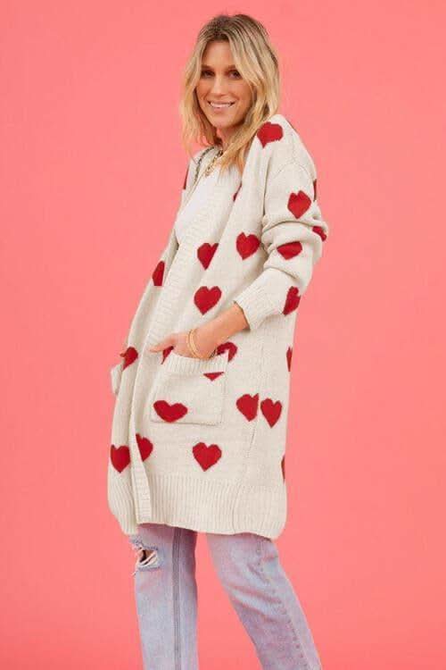 Josie Heart Graphic Open Front Cardigan with Pockets - SwagglyLife Home & Fashion
