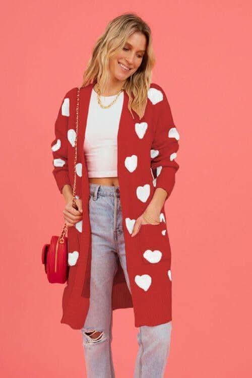 Josie Heart Graphic Open Front Cardigan with Pockets - SwagglyLife Home & Fashion