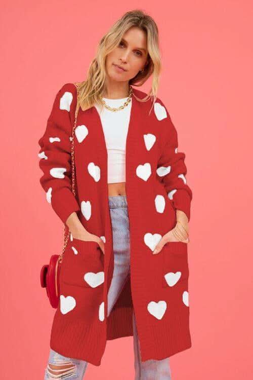 Josie Heart Graphic Open Front Cardigan with Pockets - SwagglyLife Home & Fashion