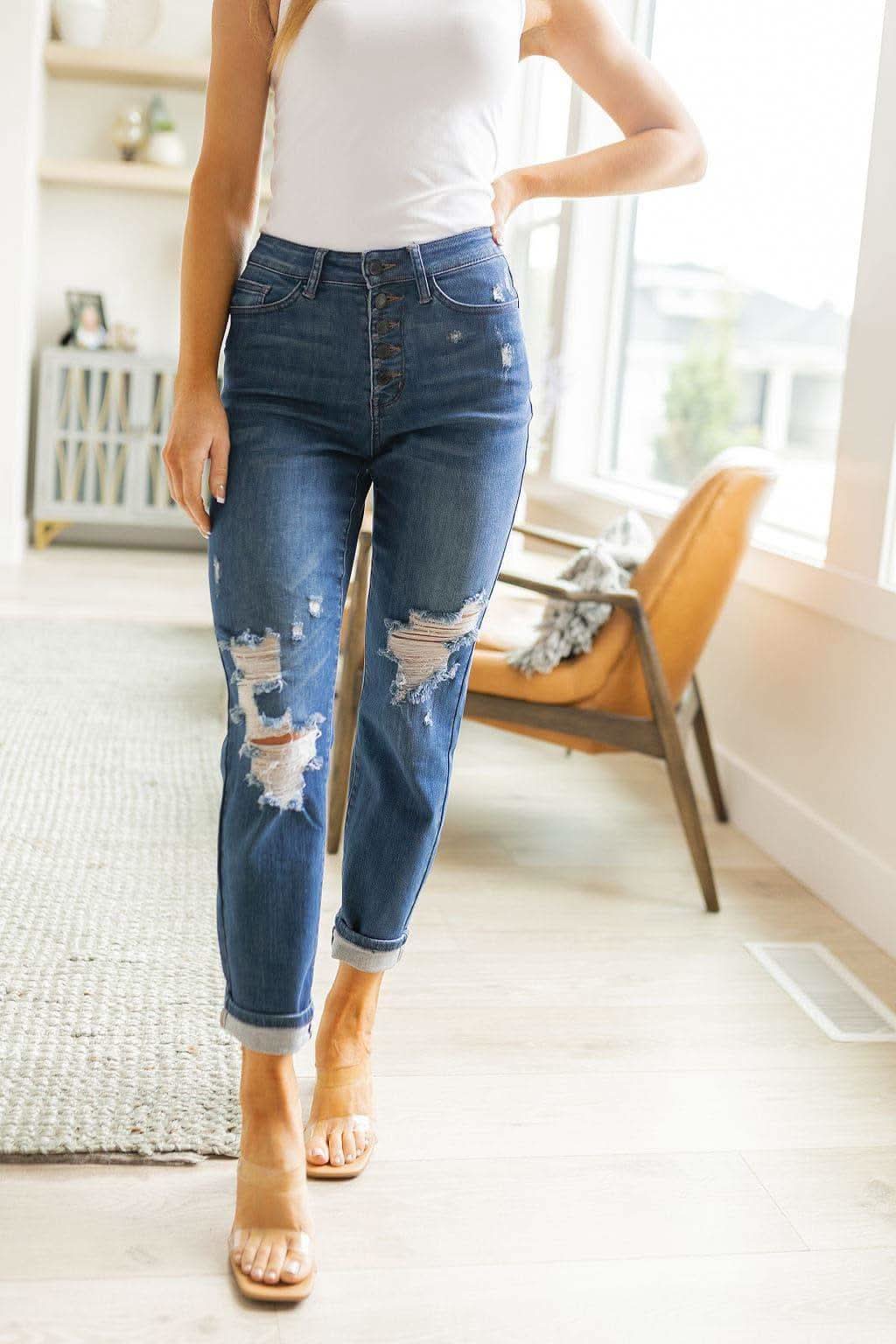 Judy Blue Colt High Rise Button Fly Distressed Boyfriend Jeans - SwagglyLife Home & Fashion