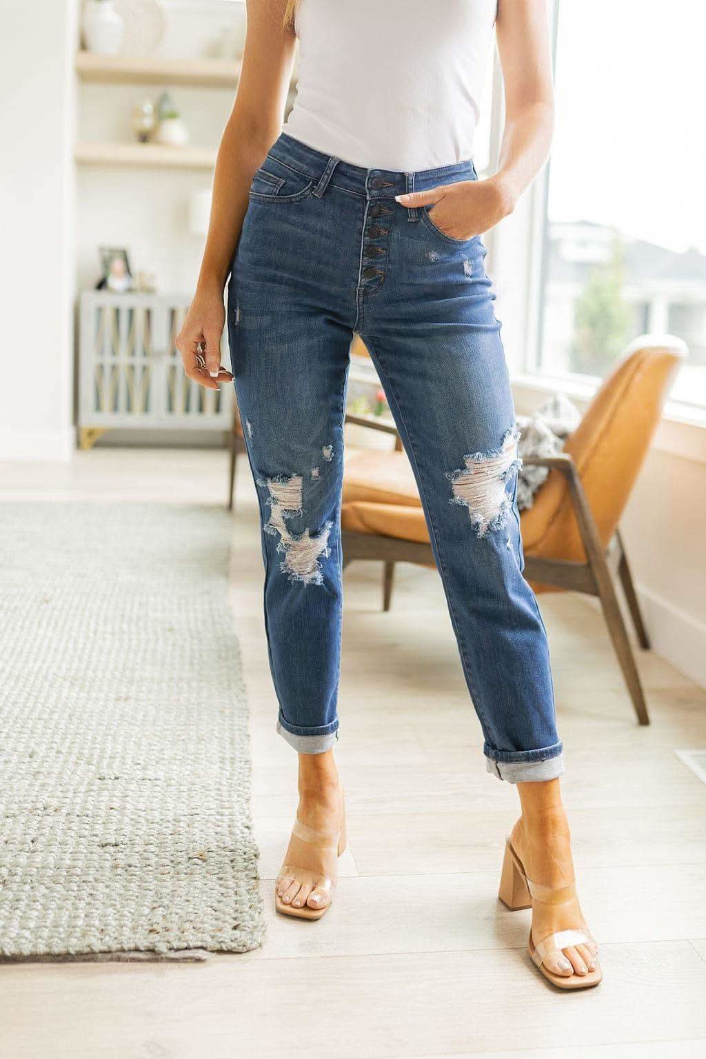 Judy Blue Colt High Rise Button Fly Distressed Boyfriend Jeans - SwagglyLife Home & Fashion