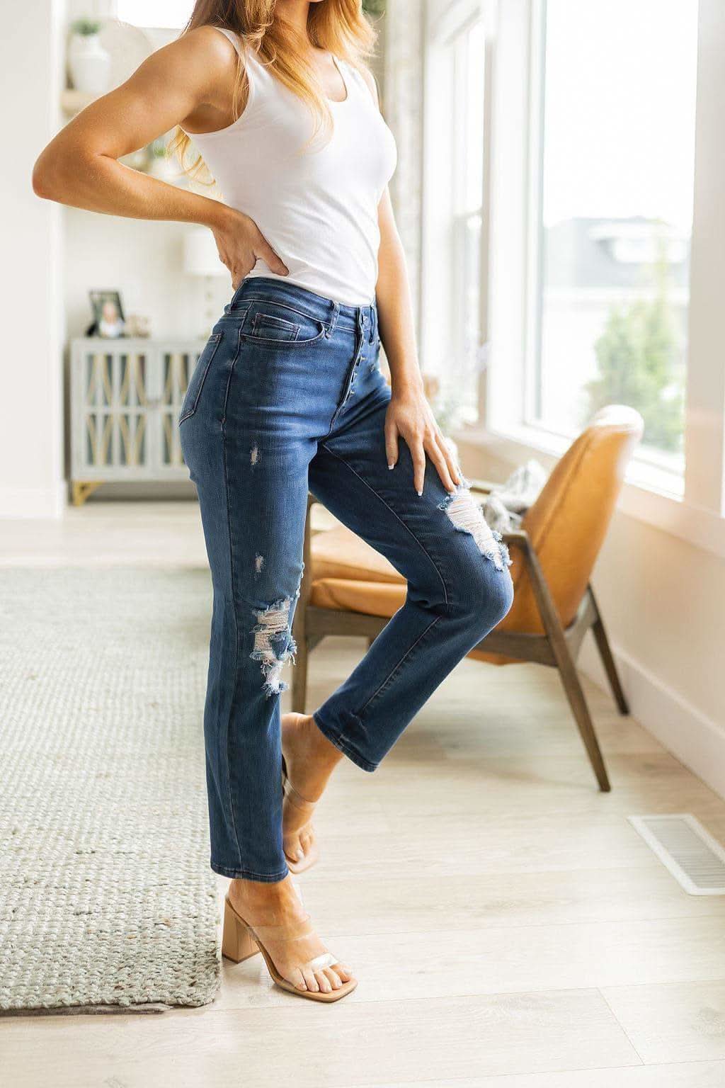 Judy Blue Colt High Rise Button Fly Distressed Boyfriend Jeans - SwagglyLife Home & Fashion