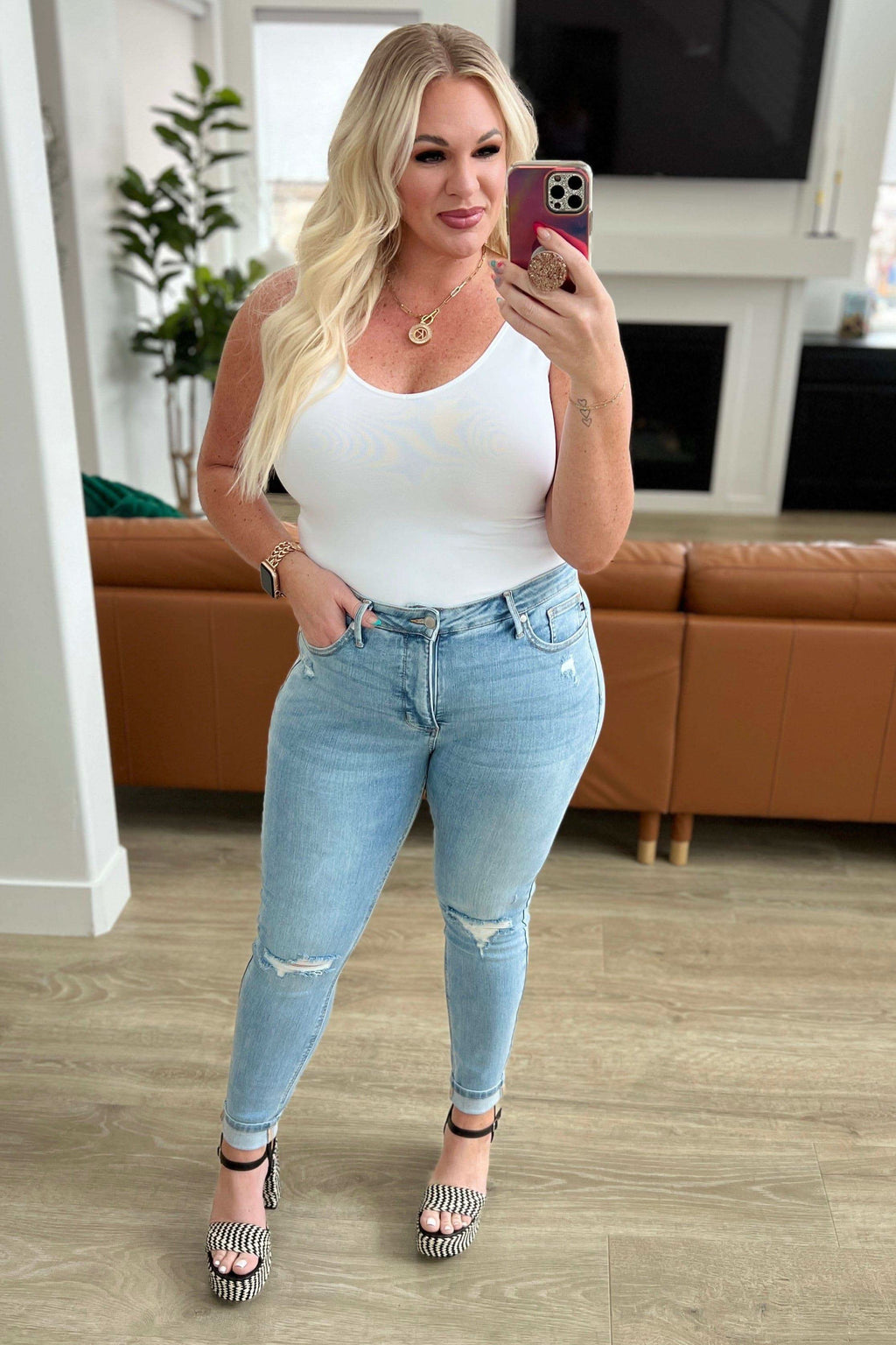 Judy Blue Eloise Mid Rise Control Top Distressed Skinny Jeans in - Pants photo