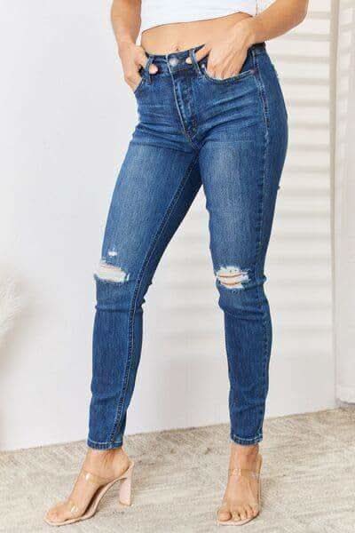 Judy Blue Full Size High Waist Distressed Slim Jeans - SwagglyLife Home & Fashion