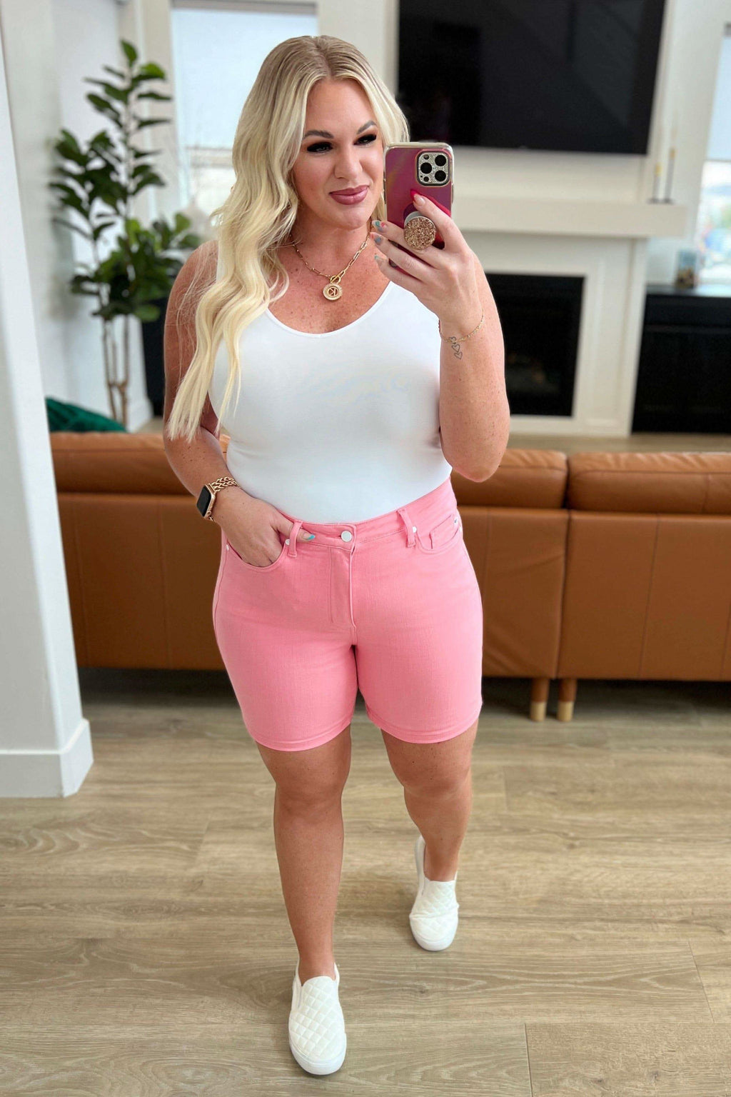 Judy Blue Jenna High Rise Control Top Cuffed Shorts in Pink - SwagglyLife Home & Fashion