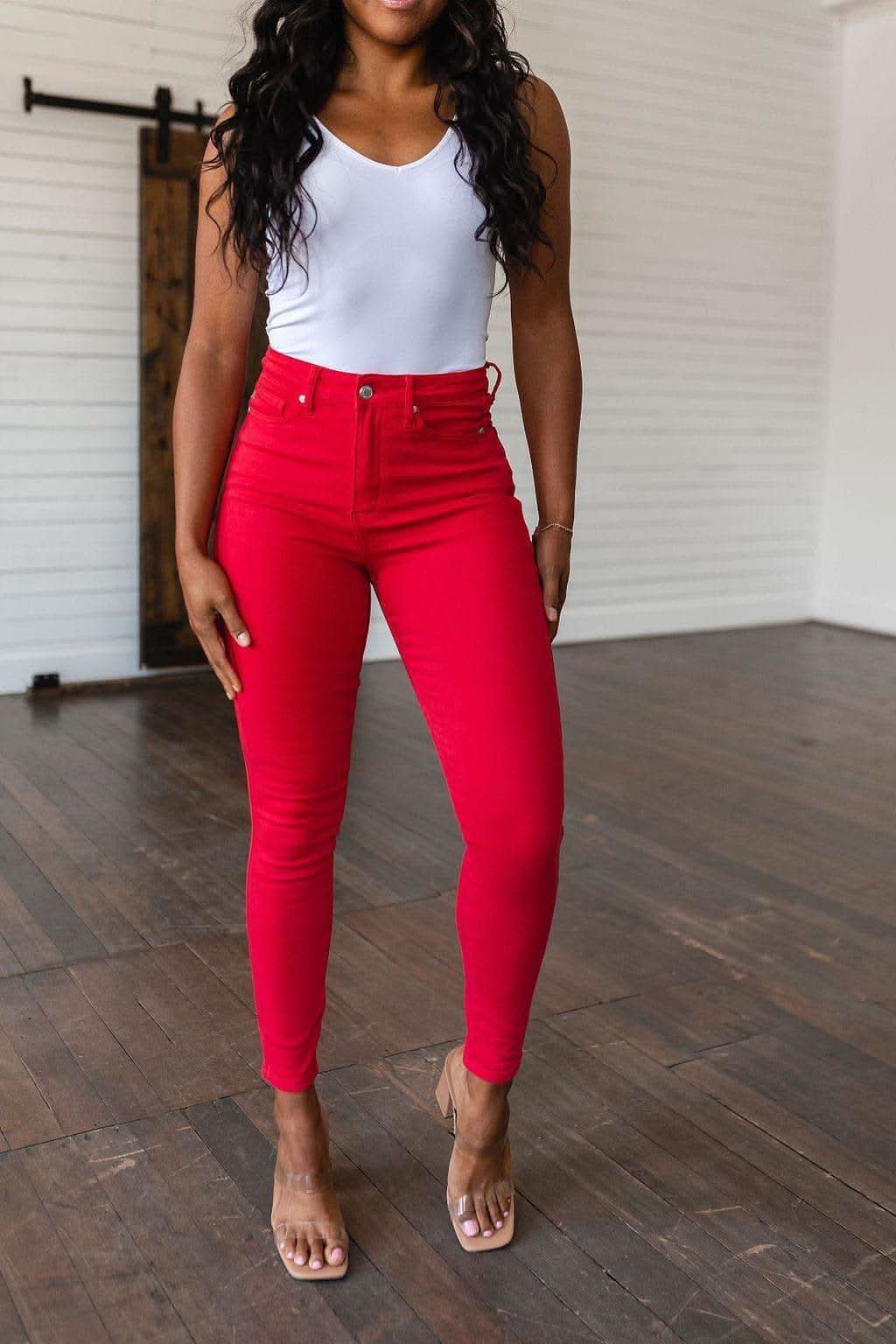 Judy Blue Ruby High Rise Control Top Garment Dyed Skinny Jeans in Red - SwagglyLife Home & Fashion