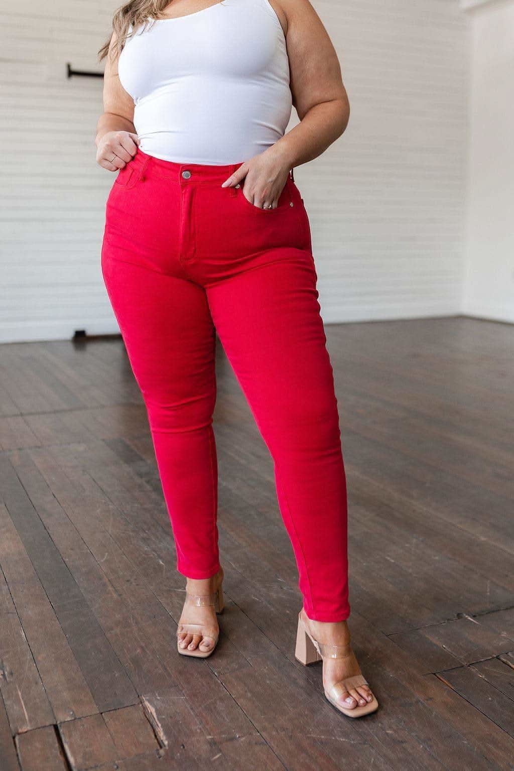 Judy Blue Ruby High Rise Control Top Garment Dyed Skinny Jeans in Red - SwagglyLife Home & Fashion