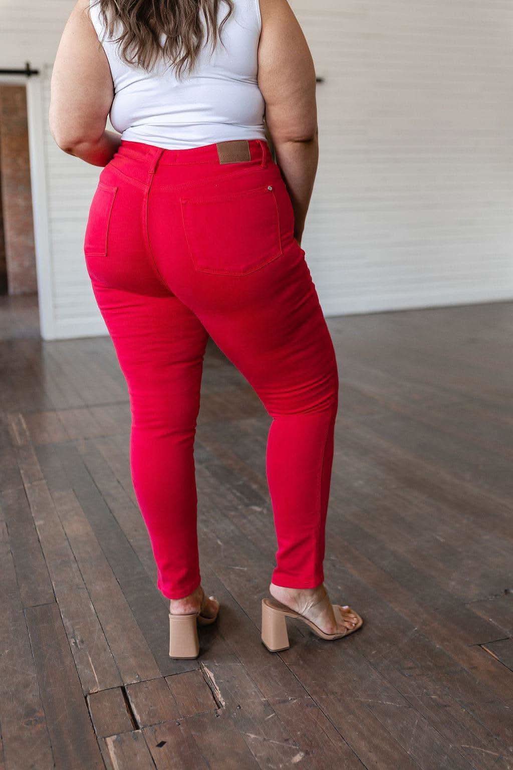 Judy Blue Ruby High Rise Control Top Garment Dyed Skinny Jeans in Red - SwagglyLife Home & Fashion