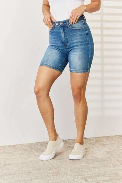 Judy Blue Tummy Control Double Button Bermuda Denim Shorts - SwagglyLife Home & Fashion