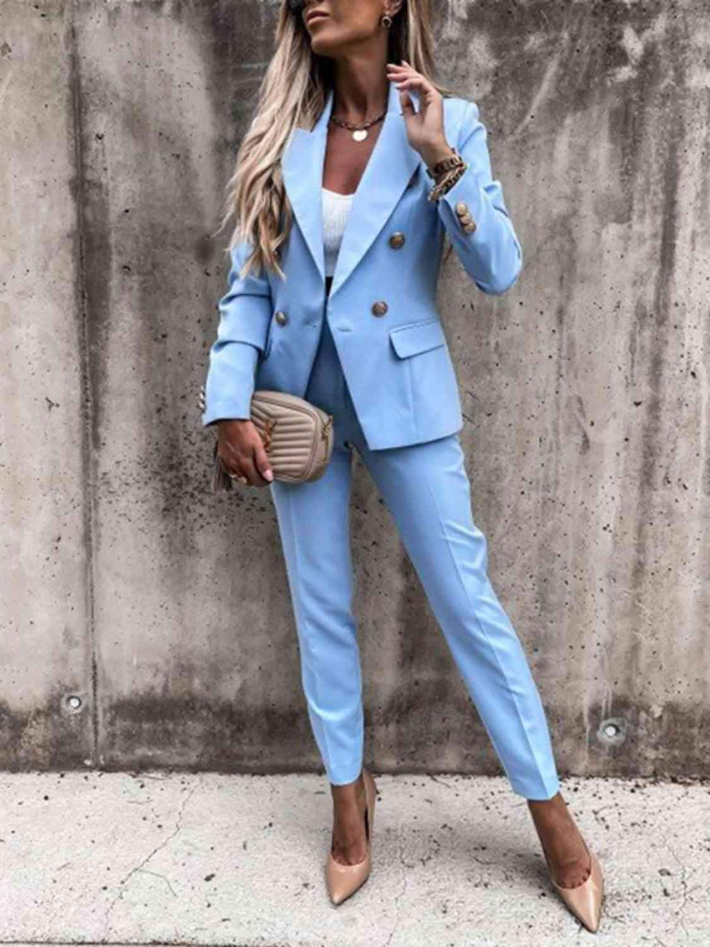 Juliette Lapel Collar Long Sleeve Blazer and Pants Set in Pastel Blue - Outfit Sets photo