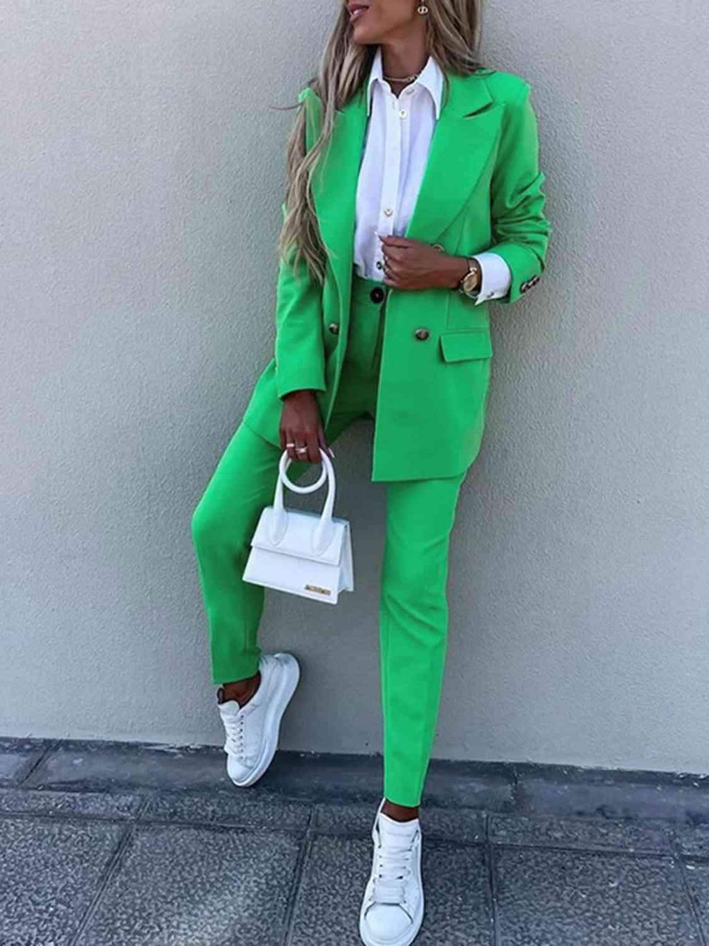 Juliette Lapel Collar Long Sleeve Blazer and Pants Set in Mid Green - Outfit Sets photo