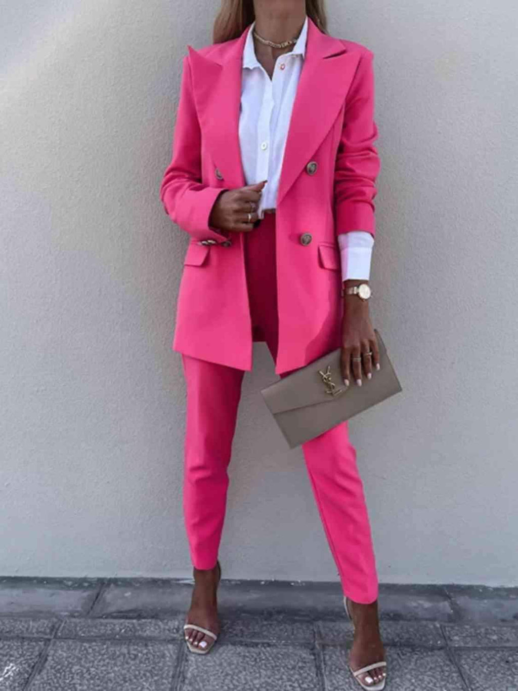 Juliette Lapel Collar Long Sleeve Blazer and Pants Set in Hot Pink - Outfit Sets photo