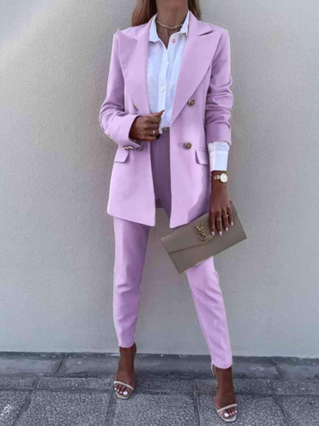 Juliette Lapel Collar Long Sleeve Blazer and Pants Set in Lavender - Outfit Sets photo