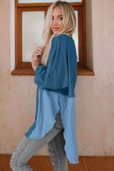 Karla Contrast Texture Round Neck Long Sleeve Blouse - SwagglyLife Home & Fashion