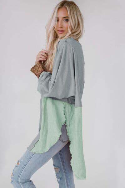 Karla Contrast Texture Round Neck Long Sleeve Blouse - SwagglyLife Home & Fashion