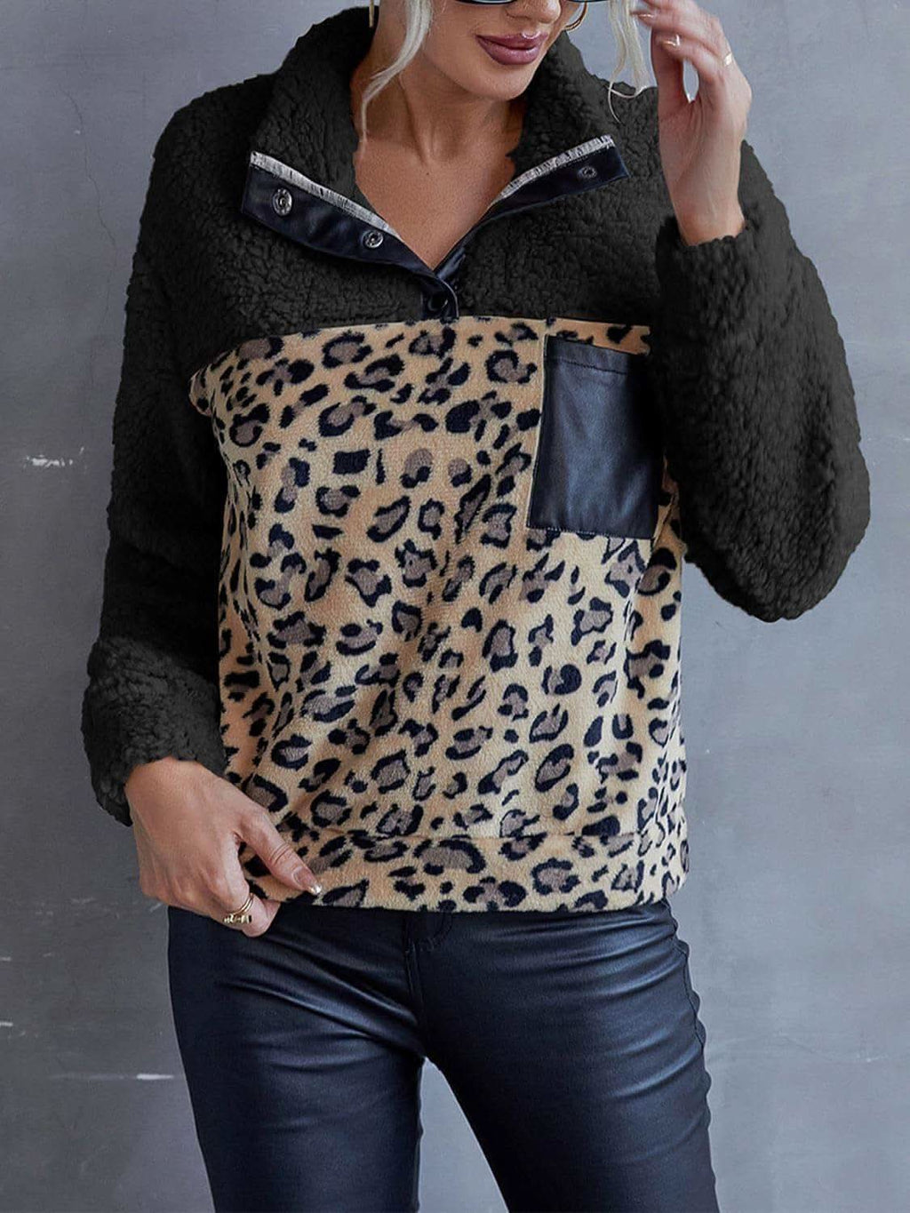 Leona Leopard Quarter-Snap Teddy Sweatshirt in Black - Shirts & Tops photo