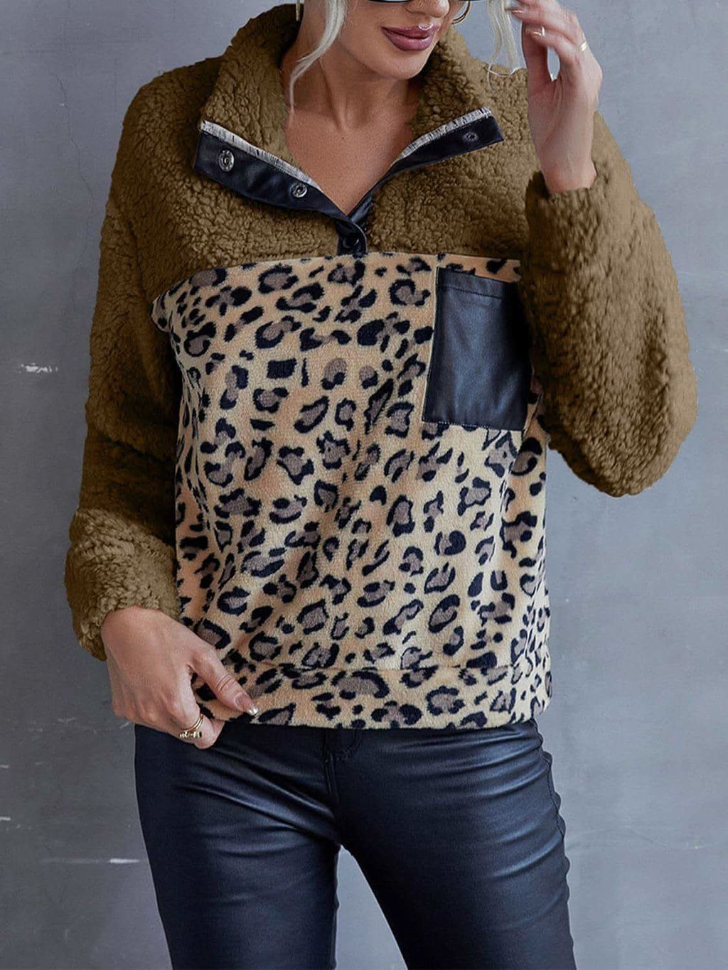 Leona Leopard Quarter-Snap Teddy Sweatshirt in Coffee Brown - Shirts & Tops photo