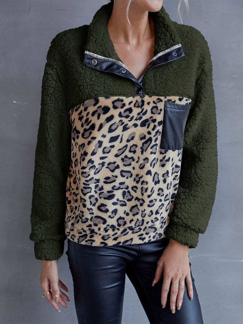 Leona Leopard Quarter-Snap Teddy Sweatshirt in - Shirts & Tops photo