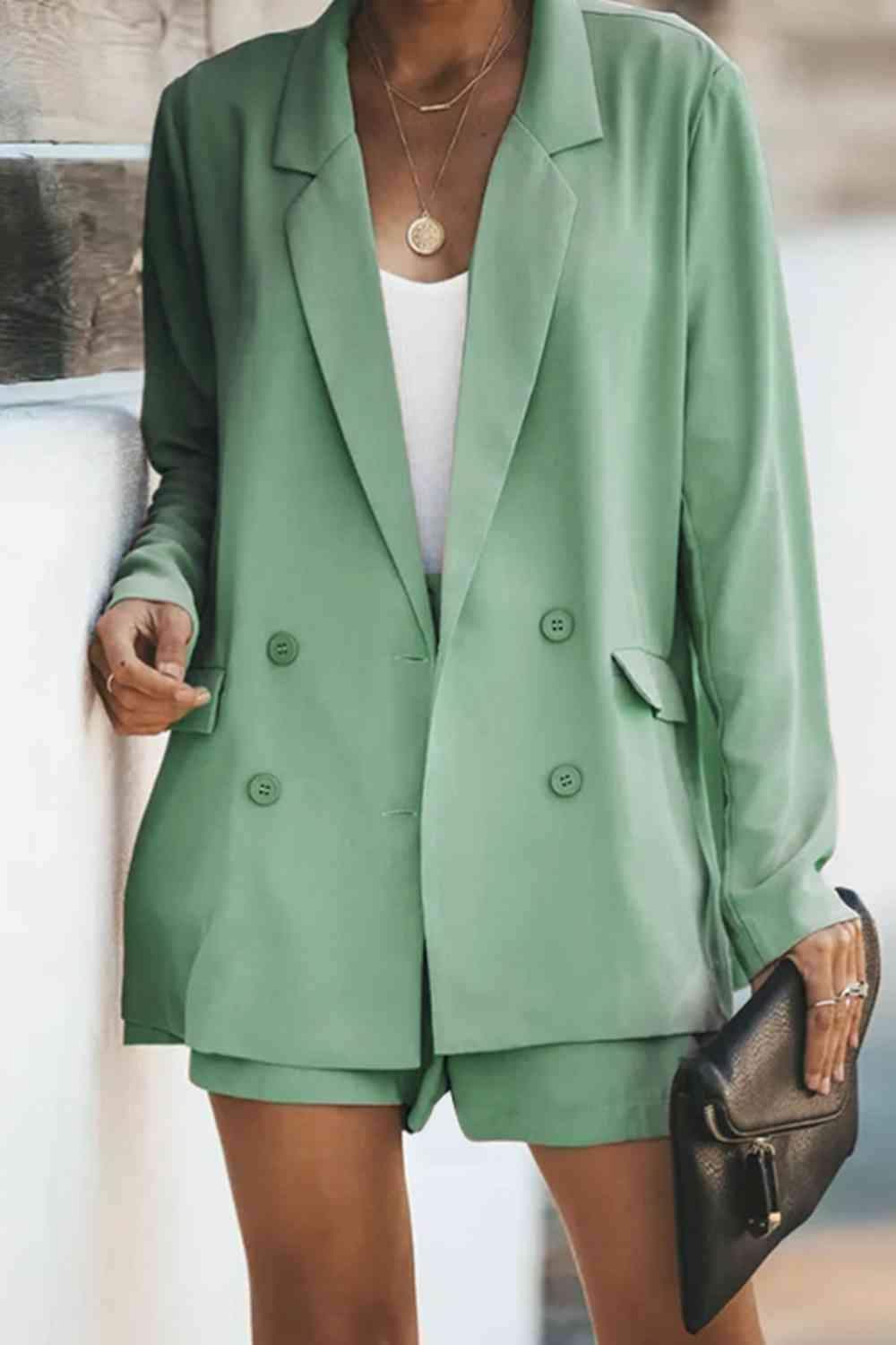 Longline Blazer and Shorts Set with Pockets in Gum Leaf - photo