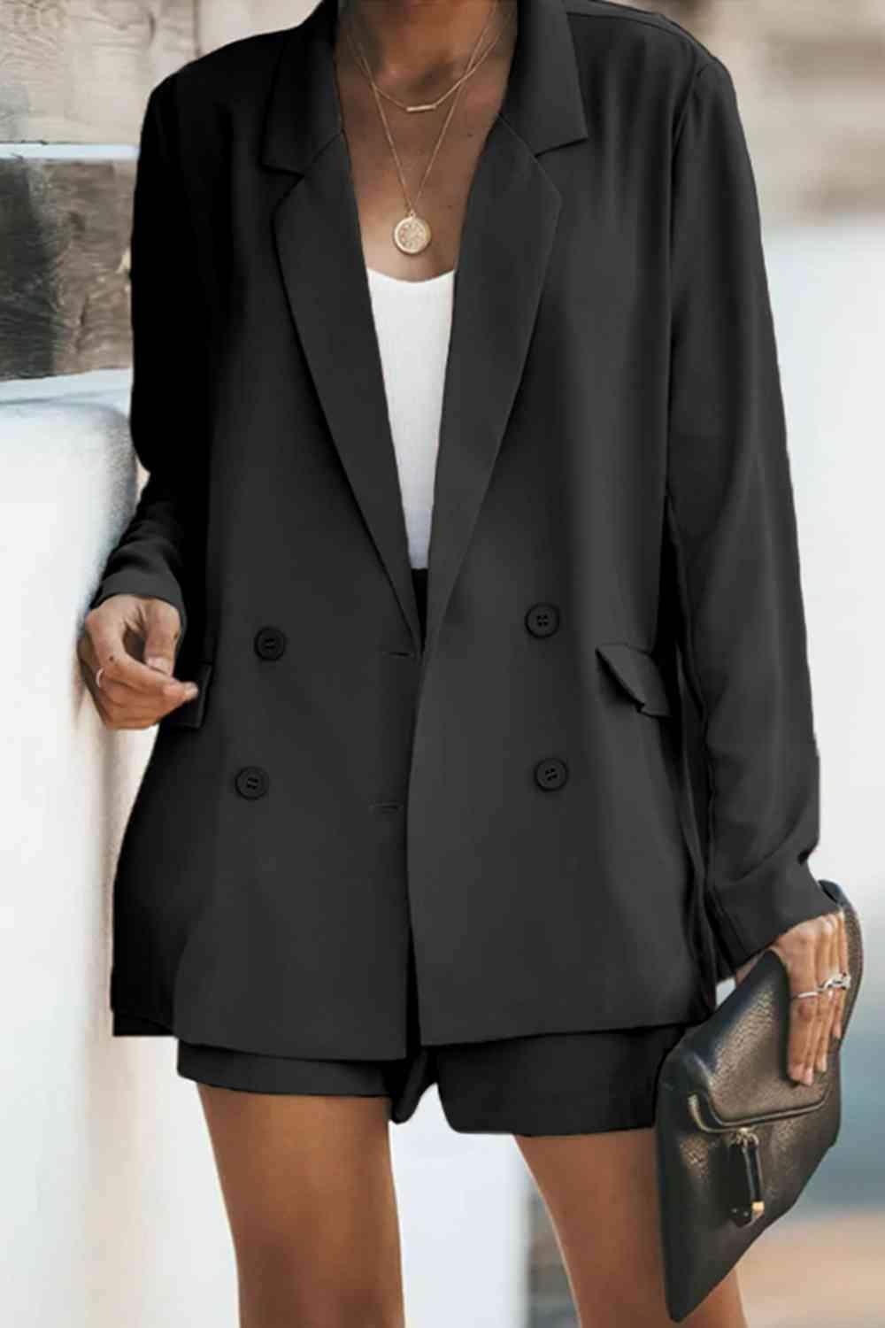 Longline Blazer and Shorts Set with Pockets in Black - photo