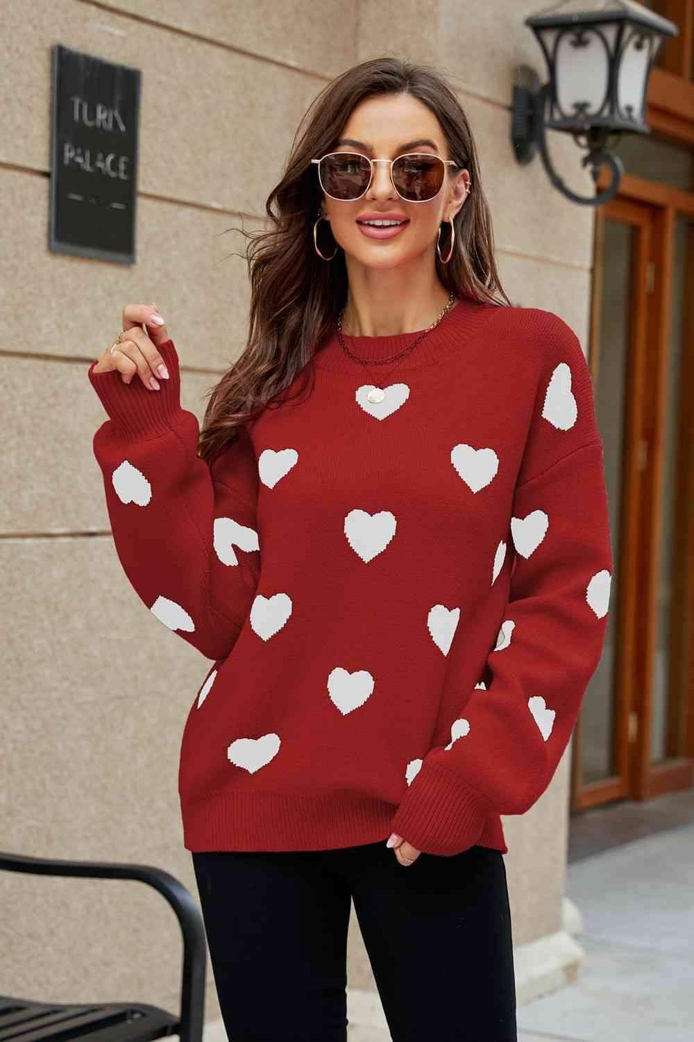 Love Letter Woven Right Heart Pattern Lantern Sleeve Round Neck Tunic Sweater - SwagglyLife Home & Fashion