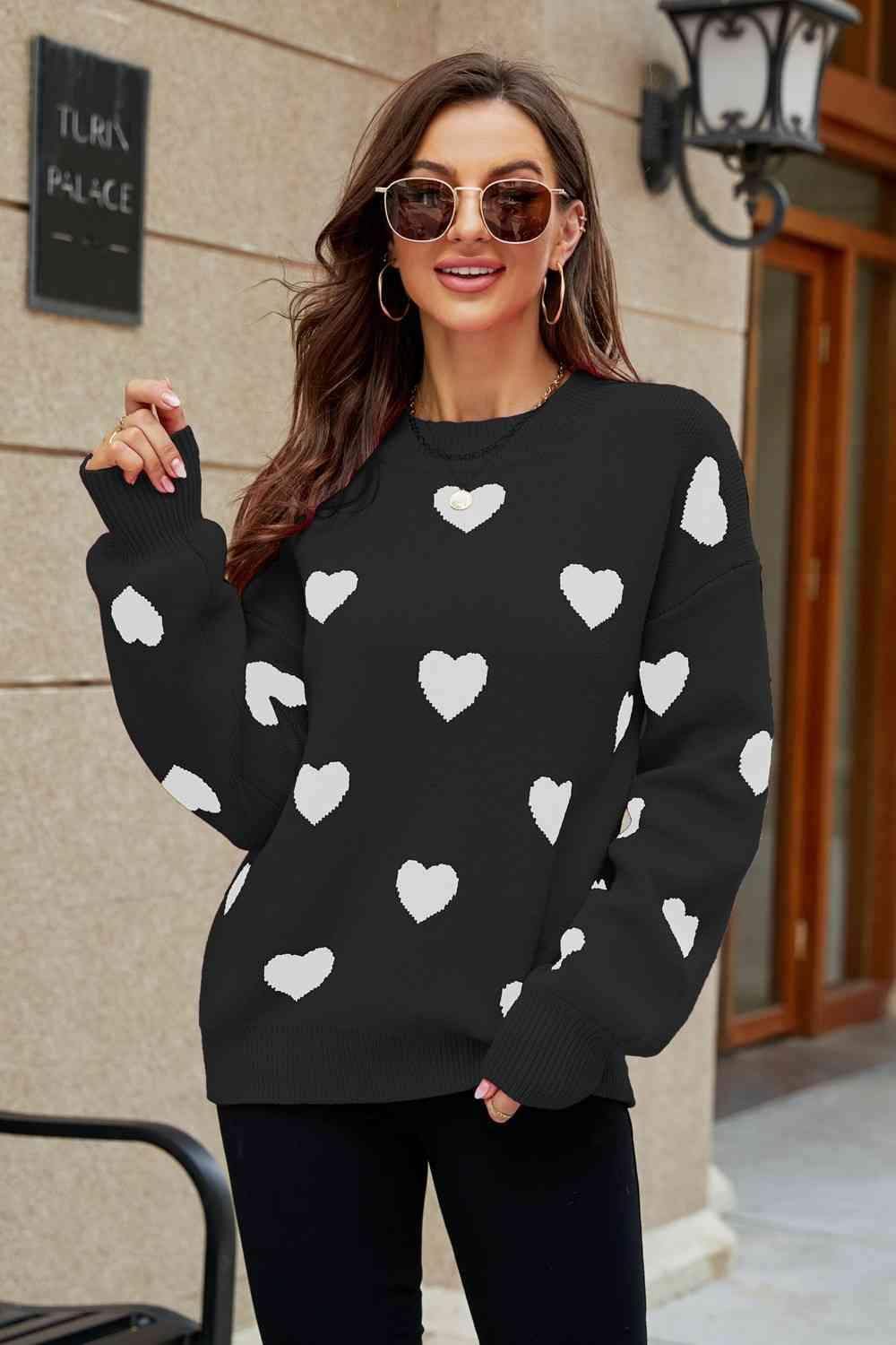 Love Letter Woven Right Heart Pattern Lantern Sleeve Round Neck Tunic Sweater - SwagglyLife Home & Fashion