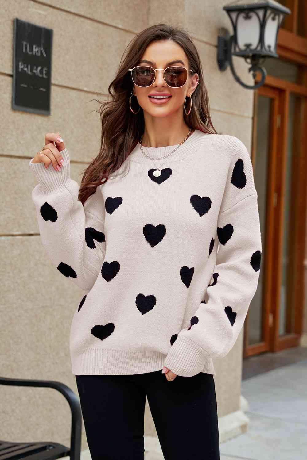 Love Letter Woven Right Heart Pattern Lantern Sleeve Round Neck Tunic Sweater - SwagglyLife Home & Fashion