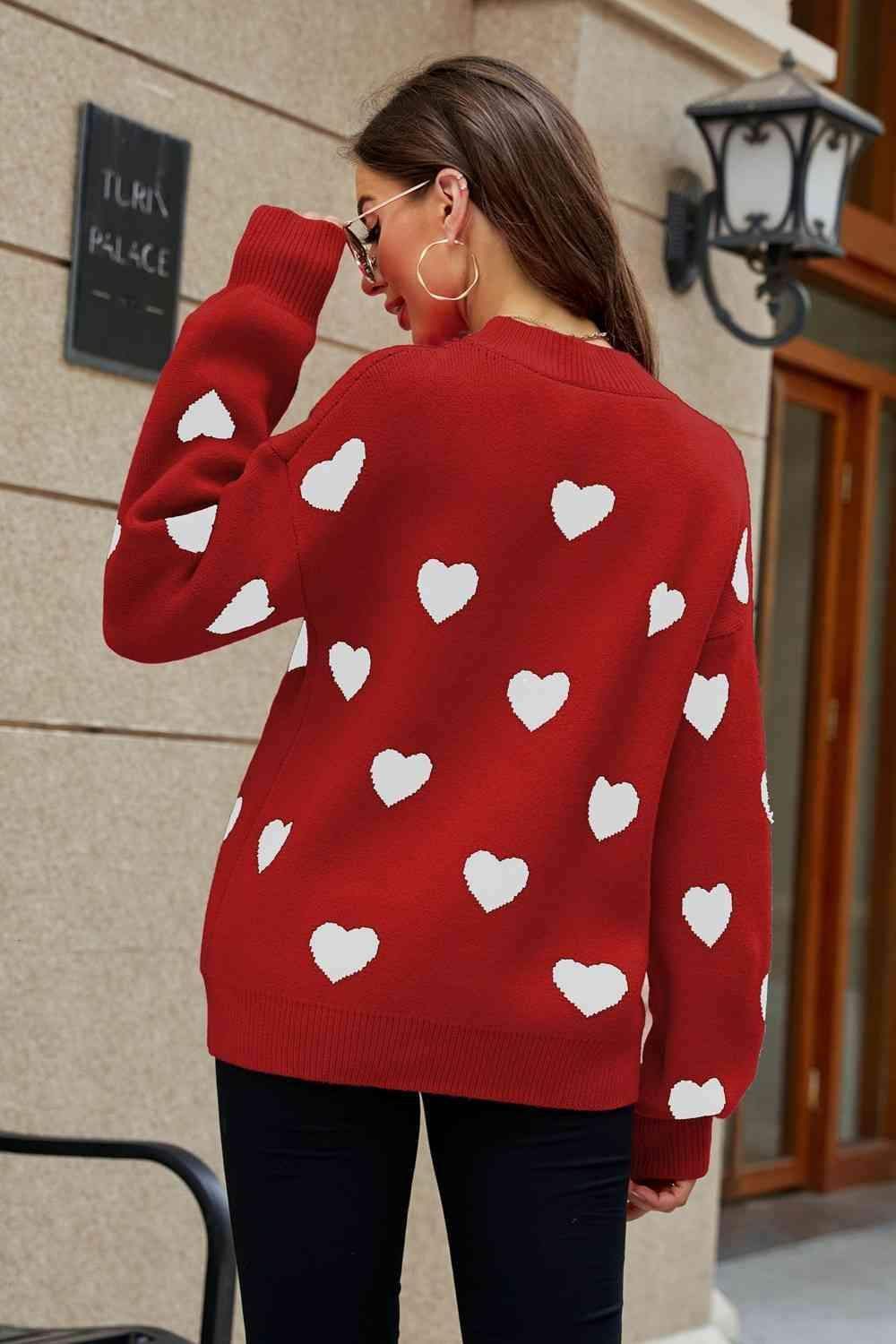 Love Letter Woven Right Heart Pattern Lantern Sleeve Round Neck Tunic Sweater - SwagglyLife Home & Fashion