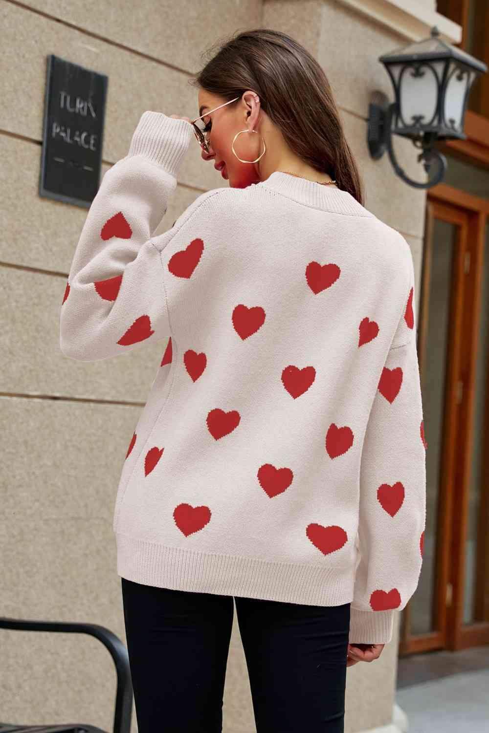 Love Letter Woven Right Heart Pattern Lantern Sleeve Round Neck Tunic Sweater - SwagglyLife Home & Fashion