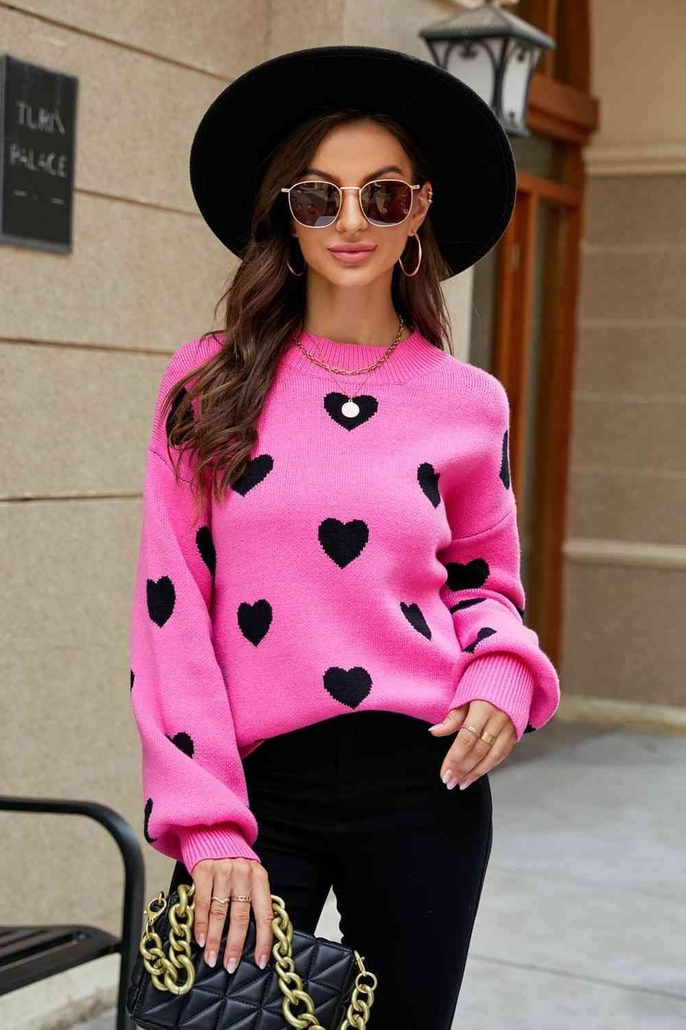 Love Letter Woven Right Heart Pattern Lantern Sleeve Round Neck Tunic Sweater - SwagglyLife Home & Fashion
