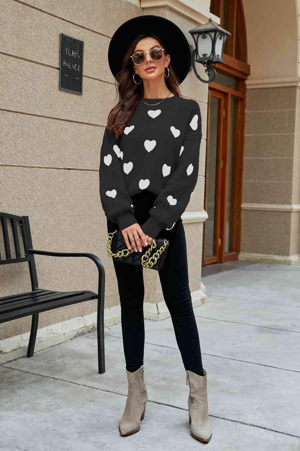 Love Letter Woven Right Heart Pattern Lantern Sleeve Round Neck Tunic Sweater - SwagglyLife Home & Fashion
