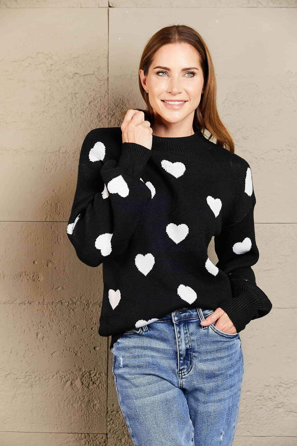Love Letter Woven Right Heart Pattern Lantern Sleeve Round Neck Tunic Sweater - SwagglyLife Home & Fashion