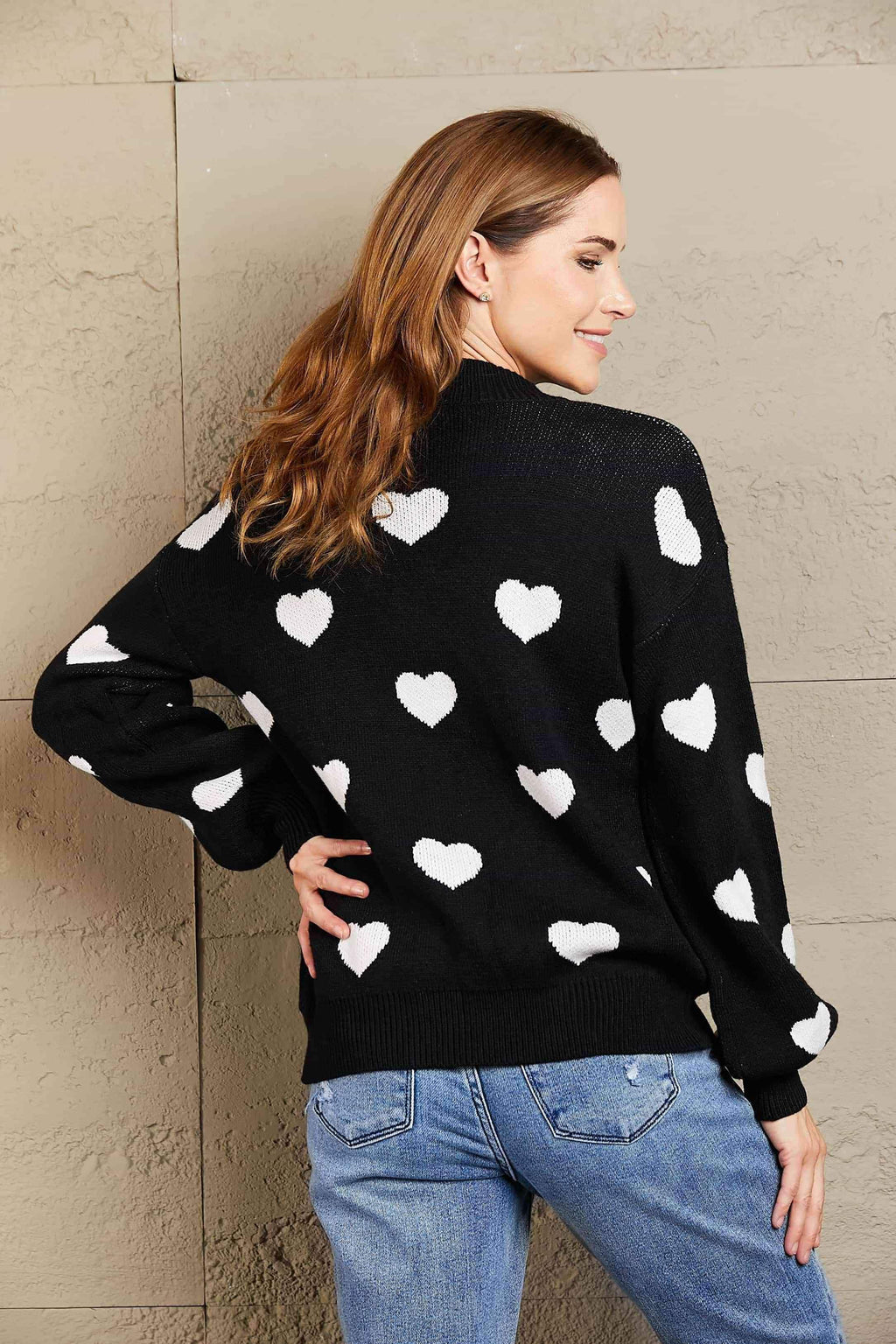 Love Letter Woven Right Heart Pattern Lantern Sleeve Round Neck Tunic Sweater - SwagglyLife Home & Fashion