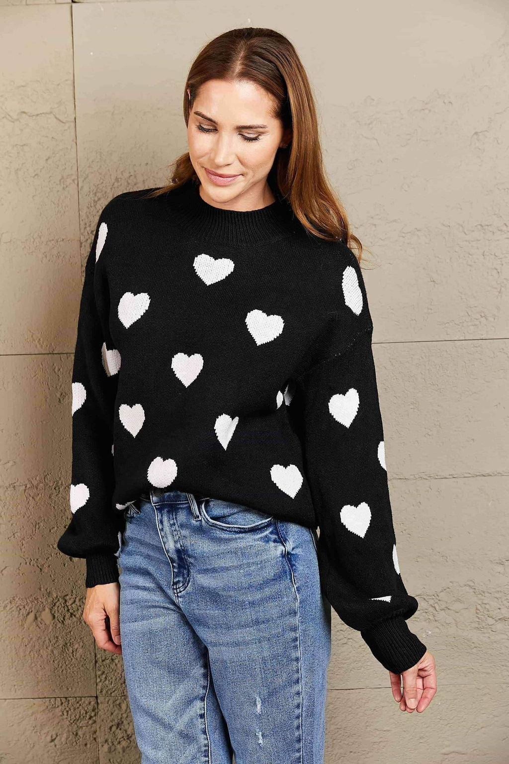 Love Letter Woven Right Heart Pattern Lantern Sleeve Round Neck Tunic Sweater - SwagglyLife Home & Fashion